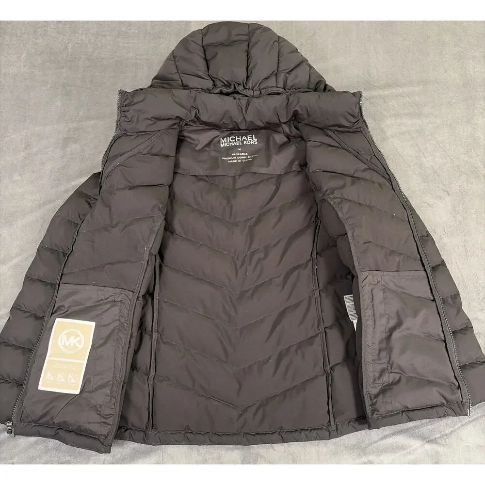 MICHAEL KORS Quilted Hooded Down Puffer Jacket Coat Size Medium Black Charity